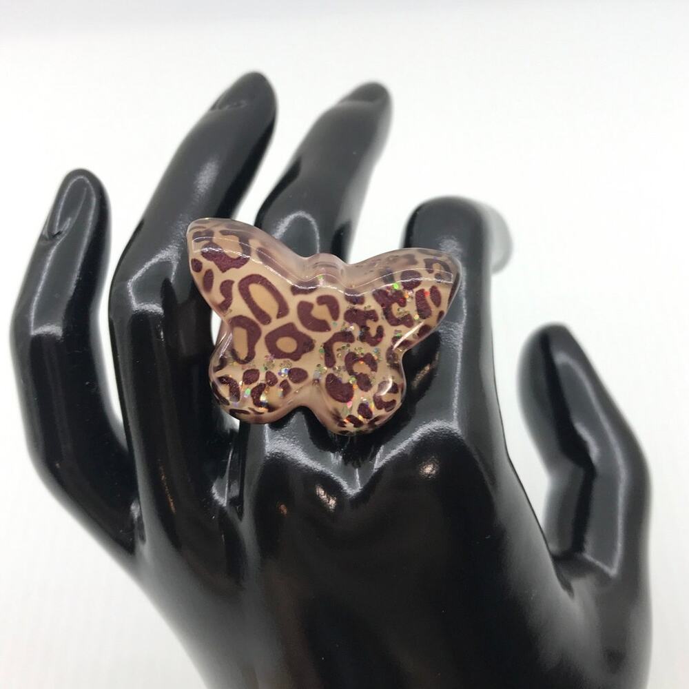 Y2K Retro Chunky Butterfly Leopard Print Whimsigoth Statement Ring 9.5